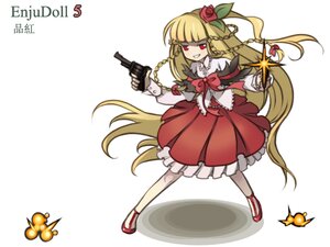 Rating: Safe Score: 0 Tags: 1girl blonde_hair bow braid dress enju_maiden flower grin gun hair_flower hair_ornament handgun long_hair pantyhose red_eyes revolver rose shinabeni smile solo weapon User: admin