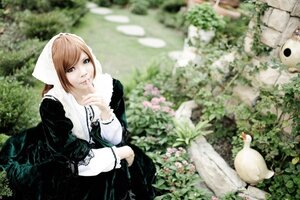 Rating: Safe Score: 0 Tags: 1girl animal apron bird black_dress black_footwear blurry brown_hair depth_of_field dress flower kneehighs long_sleeves looking_at_viewer outdoors sitting solo squatting suiseiseki User: admin