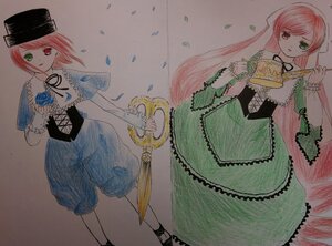 Rating: Safe Score: 0 Tags: 2girls doll_joints dress flower green_dress green_eyes hat heterochromia image joints long_hair megurine_luka multiple_girls pair pink_hair rapier red_eyes red_hair rose scissors short_hair souseiseki suiseiseki sword top_hat twins User: admin