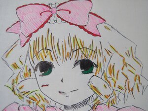 Rating: Safe Score: 0 Tags: 1girl bangs blonde_hair bow close-up eyebrows_visible_through_hair frills green_eyes hair_bow hina_ichigo hinaichigo image looking_at_viewer photo pink_bow portrait simple_background solo traditional_media User: admin