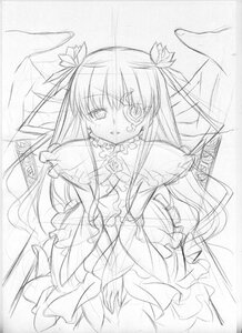 Rating: Safe Score: 0 Tags: 1girl barasuishou dress frills greyscale hair_ribbon image long_hair long_sleeves looking_at_viewer monochrome ribbon sketch solo two_side_up very_long_hair User: admin