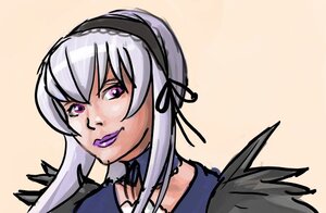 Rating: Safe Score: 0 Tags: 1girl black_wings choker hairband image lips lolita_hairband looking_at_viewer portrait purple_eyes silver_hair simple_background solo suigintou wings yellow_background User: admin