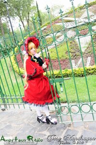 Rating: Safe Score: 0 Tags: 1girl black_footwear blonde_hair bonnet bow dress english_text flower pantyhose red_dress shinku shoes solo standing white_legwear User: admin