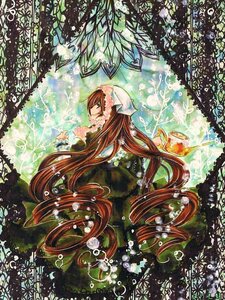 Rating: Safe Score: 0 Tags: 1girl brown_hair dress flower head_scarf image long_hair long_sleeves monster_girl plant solo suiseiseki traditional_media very_long_hair watercolor_(medium) User: admin