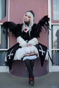 Rating: Safe Score: 0 Tags: 1girl black_choker black_legwear choker dress frills fur_trim gothic_lolita hairband long_hair long_sleeves photo signature solo standing suigintou thighhighs white_hair User: admin