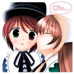 Rating: Safe Score: 0 Tags: 2girls apron blush brown_hair closed_eyes hat image kiss maid multiple_girls pair short_hair souseiseki suiseiseki yuri User: admin