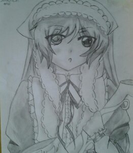 Rating: Safe Score: 0 Tags: 1girl dress eyebrows_visible_through_hair frills greyscale image long_hair looking_at_viewer monochrome photo solo suiseiseki traditional_media upper_body User: admin