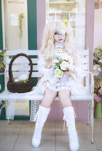 Rating: Safe Score: 0 Tags: 1girl boots dress eyepatch flower hair_ornament kirakishou long_hair rose sitting solo white_flower white_footwear white_hair white_rose User: admin