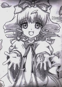 Rating: Safe Score: 0 Tags: 1girl bow front_ponytail greyscale hair_bow hair_ribbon hinaichigo image kagiyama_hina long_sleeves looking_at_viewer monochrome open_mouth shikishi smile solo traditional_media User: admin