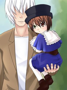 Rating: Safe Score: 0 Tags: 1boy 1girl blue_dress blush brown_footwear brown_hair capelet dress frills hat image long_sleeves looking_at_viewer looking_back pantyhose short_hair silver_hair solo souseiseki white_legwear User: admin