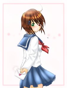 Rating: Safe Score: 0 Tags: 1girl blue_skirt blush brown_hair green_eyes hair_ornament heterochromia image letter long_sleeves love_letter paper pleated_skirt red_eyes school_uniform serafuku short_hair skirt solo souseiseki User: admin