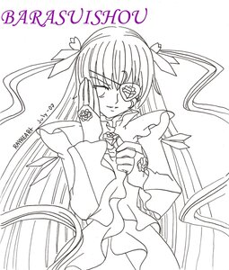 Rating: Safe Score: 0 Tags: 1girl barasuishou dress eyepatch frills greyscale hair_ribbon image long_hair long_sleeves monochrome ribbon rose smile solo striped very_long_hair User: admin