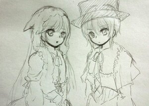 Rating: Safe Score: 0 Tags: 2girls auto_tagged capelet dress hat image long_sleeves looking_at_viewer monochrome multiple_girls pair short_hair siblings sisters sketch souseiseki suiseiseki traditional_media User: admin