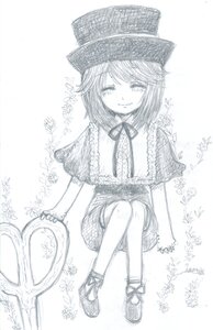 Rating: Safe Score: 0 Tags: 1girl capelet closed_eyes greyscale hat image monochrome nagae_iku ribbon shoes short_hair sitting smile solo souseiseki vertical_stripes User: admin