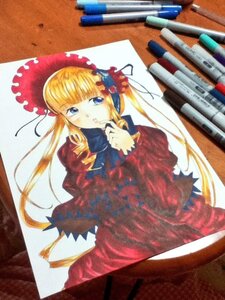 Rating: Safe Score: 0 Tags: 1girl bangs blonde_hair blue_eyes bonnet dress image long_hair long_sleeves looking_at_viewer photo red_dress shinku solo traditional_media User: admin