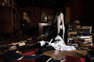 Rating: Safe Score: 0 Tags: 1girl book book_stack bookshelf desk dress indoors long_hair sitting solo suigintou User: admin