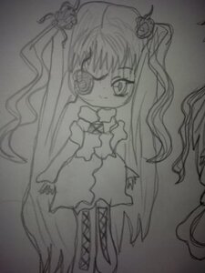 Rating: Safe Score: 0 Tags: 1girl boots dress eyepatch greyscale hair_ornament image kirakishou lineart long_hair looking_at_viewer monochrome solo standing traditional_media very_long_hair User: admin