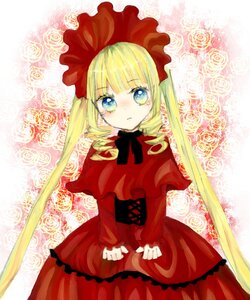 Rating: Safe Score: 0 Tags: 1girl blonde_hair blue_eyes blush bow dress flower image long_hair long_sleeves looking_at_viewer red_dress ribbon shinku solo v_arms User: admin