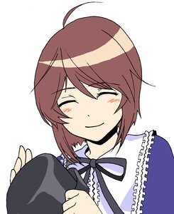 Rating: Safe Score: 0 Tags: 1girl blush brown_hair closed_eyes frills hat hat_removed headwear_removed holding holding_clothes holding_hat image long_sleeves neck_ribbon ribbon short_hair simple_background smile solo souseiseki striped upper_body white_background User: admin