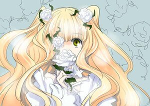 Rating: Safe Score: 0 Tags: 1girl bangs blonde_hair covered_mouth flower hair_flower hair_ornament image kirakishou long_hair looking_at_viewer rose solo thorns white_flower white_rose yellow_eyes User: admin