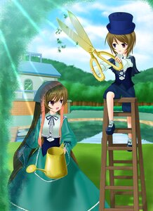 Rating: Safe Score: 0 Tags: 2girls bench brown_hair dress grass green_dress hat heterochromia image long_sleeves multiple_girls outdoors pair purple_eyes red_eyes short_hair siblings sisters sitting smile souseiseki suiseiseki tongue twins User: admin