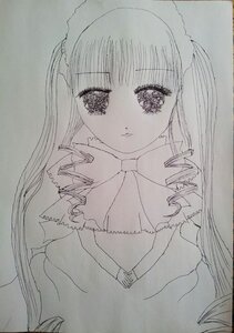 Rating: Safe Score: 0 Tags: 1girl closed_mouth greyscale image long_hair long_sleeves looking_at_viewer maid_headdress monochrome photo shinku solo traditional_media upper_body User: admin