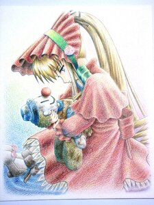 Rating: Safe Score: 0 Tags: 1girl 86800 apple blonde_hair blue_eyes bonnet bow dress flower food frills fruit hat holding image long_hair long_sleeves rose shinku solo traditional_media very_long_hair User: admin