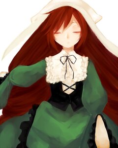Rating: Safe Score: 0 Tags: 1girl bangs brown_hair closed_eyes dress frills green_dress head_scarf long_hair long_sleeves ribbon sleeping sleeping_upright solo suiseiseki very_long_hair User: admin