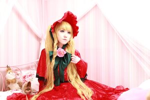Rating: Safe Score: 0 Tags: 1girl blonde_hair blue_eyes bonnet cat curtains dress flower lips long_hair pink_flower pink_rose realistic red_dress rose shinku sitting solo very_long_hair User: admin