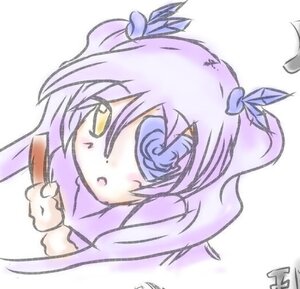 Rating: Safe Score: 0 Tags: 1girl bangs barasuishou blush chibi fang holding image open_mouth purple_hair simple_background solo white_background yellow_eyes User: admin