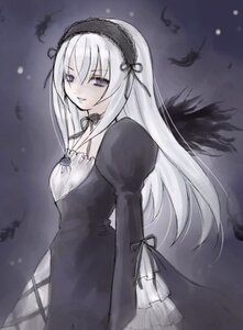 Rating: Safe Score: 0 Tags: 1girl black_ribbon black_wings cowboy_shot dress feathers frills hairband image juliet_sleeves lolita_hairband long_hair long_sleeves puffy_sleeves ribbon smile solo suigintou very_long_hair wings User: admin
