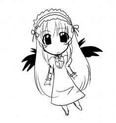 Rating: Safe Score: 0 Tags: 1girl chibi dress full_body greyscale image long_hair long_sleeves looking_at_viewer monochrome simple_background solo standing suigintou white_background User: admin