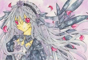 Rating: Safe Score: 0 Tags: 1girl dress eyebrows_visible_through_hair floating_hair flower image long_hair marker_(medium) petals pink_eyes red_eyes rose rose_petals solo suigintou traditional_media upper_body very_long_hair watercolor_(medium) User: admin