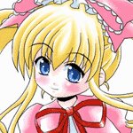 Rating: Safe Score: 0 Tags: 1girl blonde_hair blue_eyes blush image long_hair pink_bow pink_dress ribbon shinku simple_background solo tiara white_background User: admin