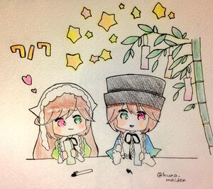 Rating: Safe Score: 0 Tags: auto_tagged blush green_eyes hat heterochromia image leaf multiple_girls open_mouth pair pink_hair red_eyes short_hair smile souseiseki suiseiseki twins User: admin
