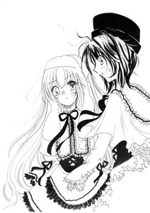 Rating: Safe Score: 0 Tags: 2girls alice_margatroid blush capelet dress greyscale hat image long_hair monochrome multiple_girls pair ribbon short_hair souseiseki suiseiseki User: admin