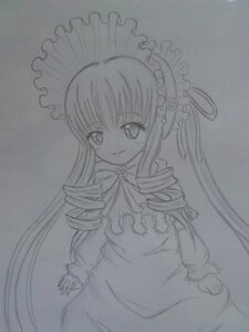 Rating: Safe Score: 0 Tags: 1girl bowtie dress drill_hair image long_hair long_sleeves looking_at_viewer monochrome shinku simple_background smile solo traditional_media twin_drills twintails User: admin