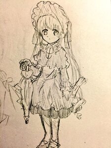 Rating: Safe Score: 0 Tags: 1girl bangs blush bonnet closed_mouth dress eyebrows_visible_through_hair frills full_body holding holding_umbrella image juliet_sleeves lolita_fashion long_hair long_sleeves looking_at_viewer monochrome shinku sketch solo standing traditional_media umbrella User: admin