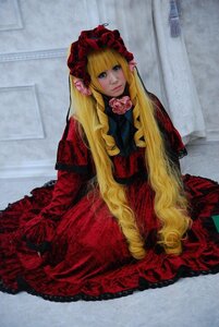 Rating: Safe Score: 0 Tags: 1girl blonde_hair blue_eyes bonnet dress flower long_hair long_sleeves looking_at_viewer pink_flower pink_rose red_dress rose shinku sitting solo traditional_media very_long_hair User: admin