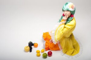Rating: Safe Score: 0 Tags: 1girl apple closed_eyes flower food fruit hair_ornament kanaria kimono mandarin_orange sitting solo User: admin