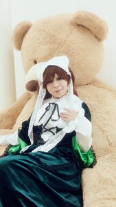 Rating: Safe Score: 0 Tags: 1girl bangs brown_hair dress green_eyes lips long_sleeves sitting solo stuffed_animal suiseiseki teddy_bear User: admin