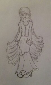 Rating: Safe Score: 0 Tags: 1girl dress full_body greyscale hair_over_one_eye image long_hair long_sleeves looking_at_viewer monochrome solo standing suiseiseki traditional_media very_long_hair User: admin