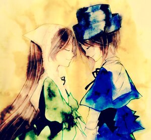 Rating: Safe Score: 0 Tags: 2girls bow closed_eyes dress image long_hair multiple_girls pair profile short_hair smile souseiseki suiseiseki torn_clothes yellow_background User: admin