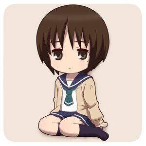 Rating: Safe Score: 0 Tags: 1girl bangs black_legwear blue_neckwear blue_sailor_collar blue_skirt blush brown_eyes brown_hair cardigan chibi closed_mouth eyebrows_visible_through_hair image kneehighs long_sleeves looking_at_viewer no_shoes pleated_skirt sailor_collar school_uniform serafuku short_hair sitting skirt smile solo souseiseki striped User: admin