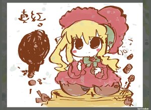 Rating: Safe Score: 0 Tags: 1girl blonde_hair chibi chocolate dress food image long_hair rain shinku solo umbrella User: admin