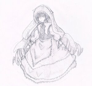 Rating: Safe Score: 0 Tags: 1girl auto_tagged capelet dress frills full_body greyscale image long_hair long_sleeves looking_at_viewer monochrome ribbon solo suiseiseki traditional_media very_long_hair User: admin