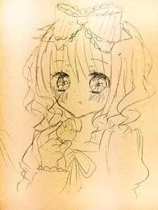 Rating: Safe Score: 0 Tags: 1girl animal_ears blush bow cat_ears eyebrows_visible_through_hair frills hinaichigo image long_sleeves monochrome solo sweat traditional_media upper_body User: admin