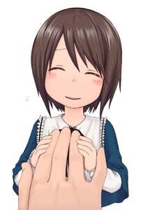 Rating: Safe Score: 0 Tags: 1girl ^_^ blue_dress blush brown_hair closed_eyes dress flying_sweatdrops image long_sleeves out_of_frame short_hair simple_background smile solo solo_focus souseiseki striped striped_shirt upper_body vertical_stripes white_background User: admin