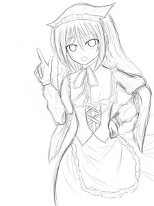 Rating: Safe Score: 0 Tags: 1girl animal_ears blush cat_ears frills greyscale image long_sleeves looking_at_viewer monochrome open_mouth ribbon simple_background sketch solo suiseiseki white_background User: admin