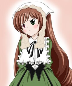 Rating: Safe Score: 0 Tags: 1girl :< :t blush brown_hair dress frills green_dress green_eyes head_scarf heterochromia image long_hair long_sleeves pout red_eyes solo suiseiseki very_long_hair white_background User: admin